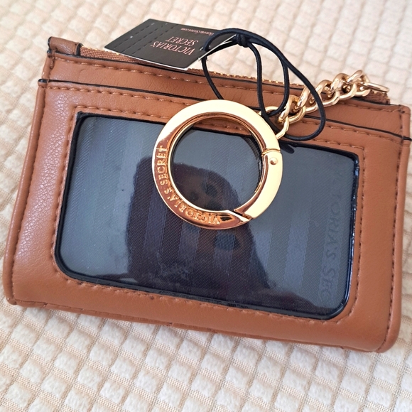 VICTORIA'S SECRET Tan Chevron Design Wallet Card Case Key Holder Coin Purse NWT - Picture 3 of 9